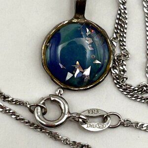 Sterling Silver 925 Blue Green Glass Pendant Necklace 20 in Italy FNA Vintage
